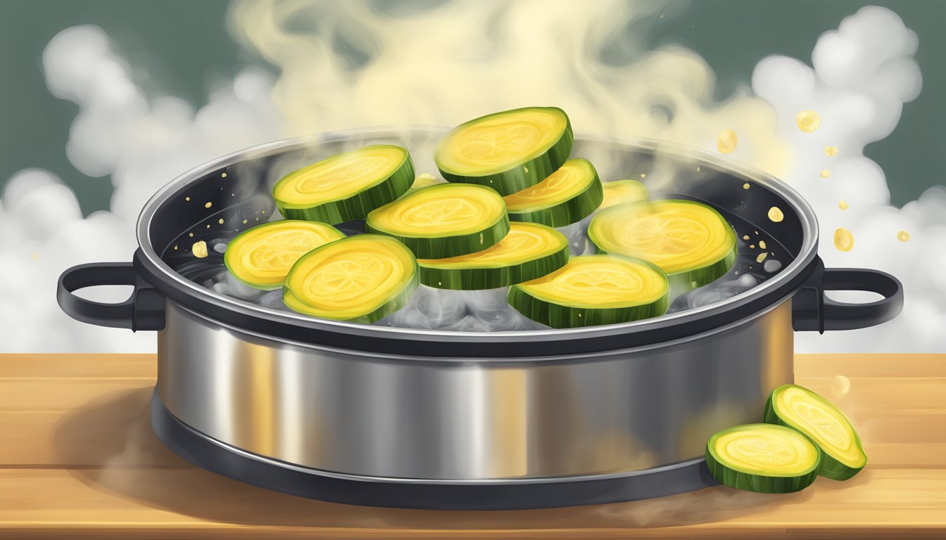 Golden zucchini slices sizzling in a bubbling pot of hot oil, surrounded by a cloud of steam