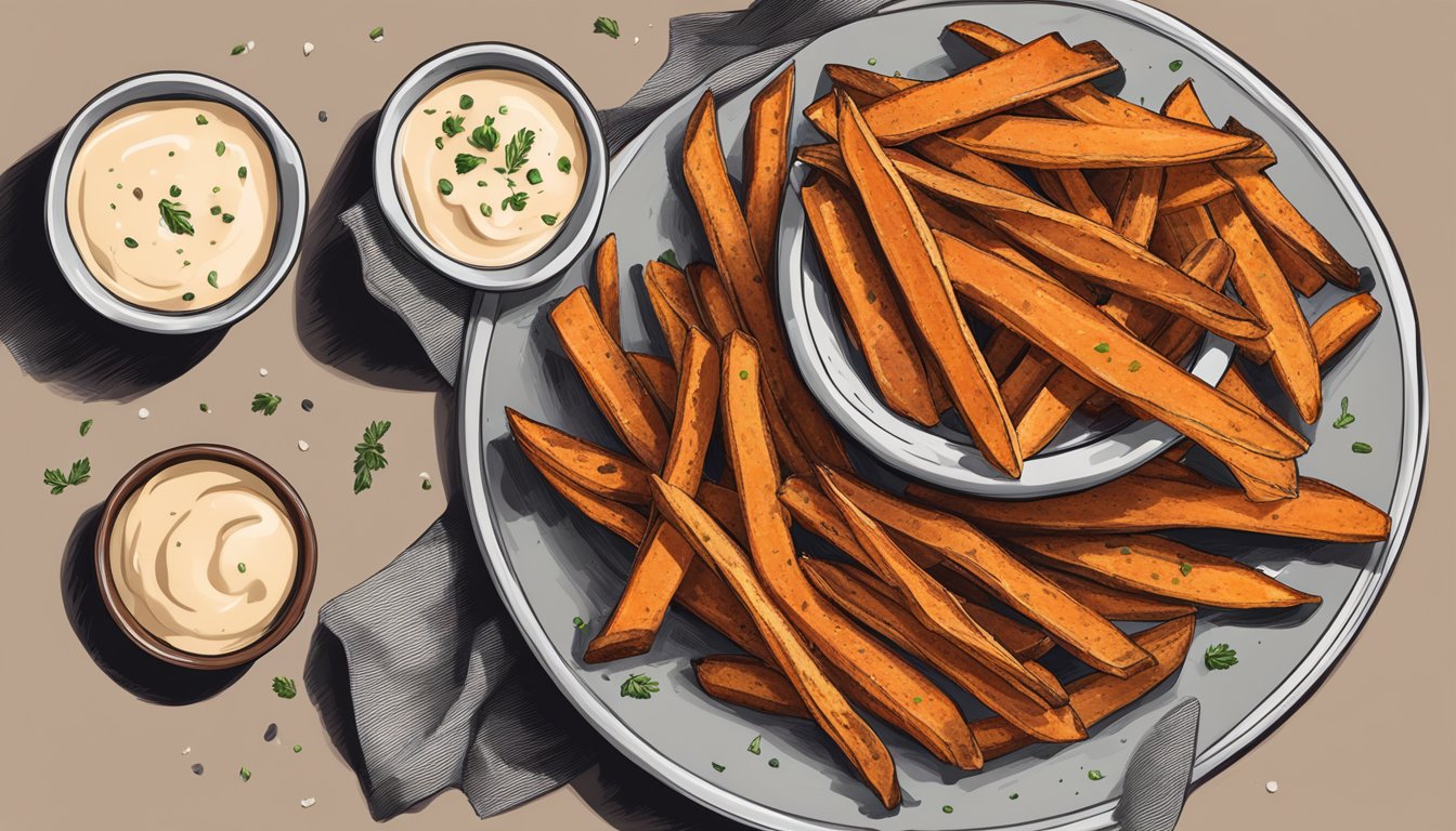 A plate of crispy sweet potato fries with a sprinkle of seasoning, served with a side of creamy dipping sauce