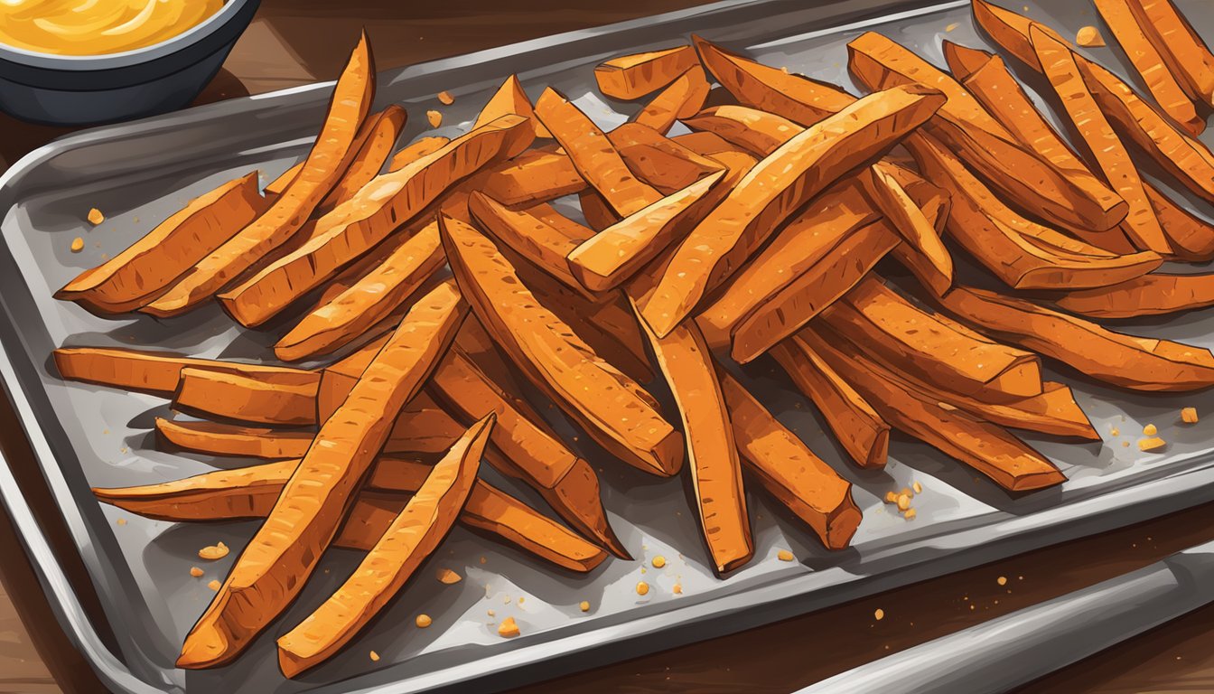 Sweet potato fries arranged on a baking sheet with a drizzle of oil and a sprinkle of Texas-style seasoning. Airtight container for storage and reheating instructions