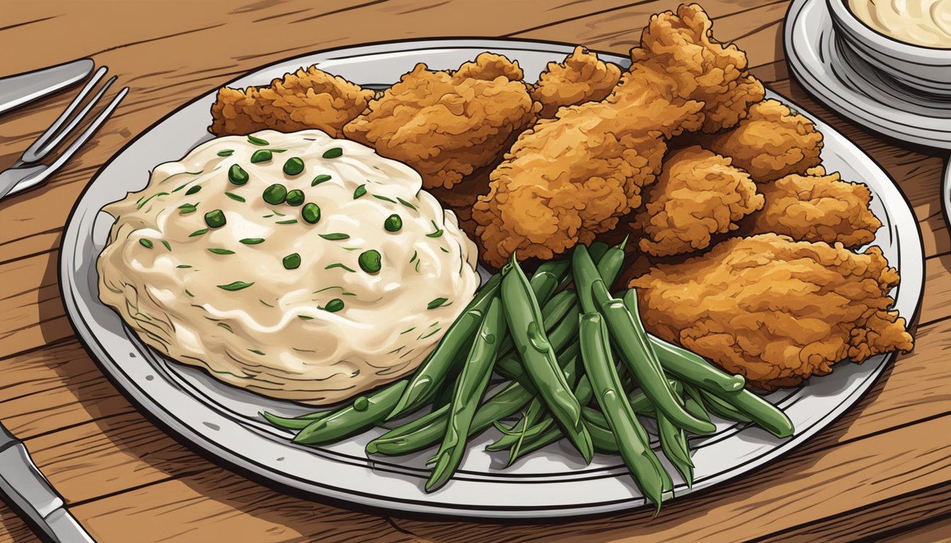 A plate of crispy fried chicken with creamy gravy and a side of mashed potatoes and green beans on a wooden table