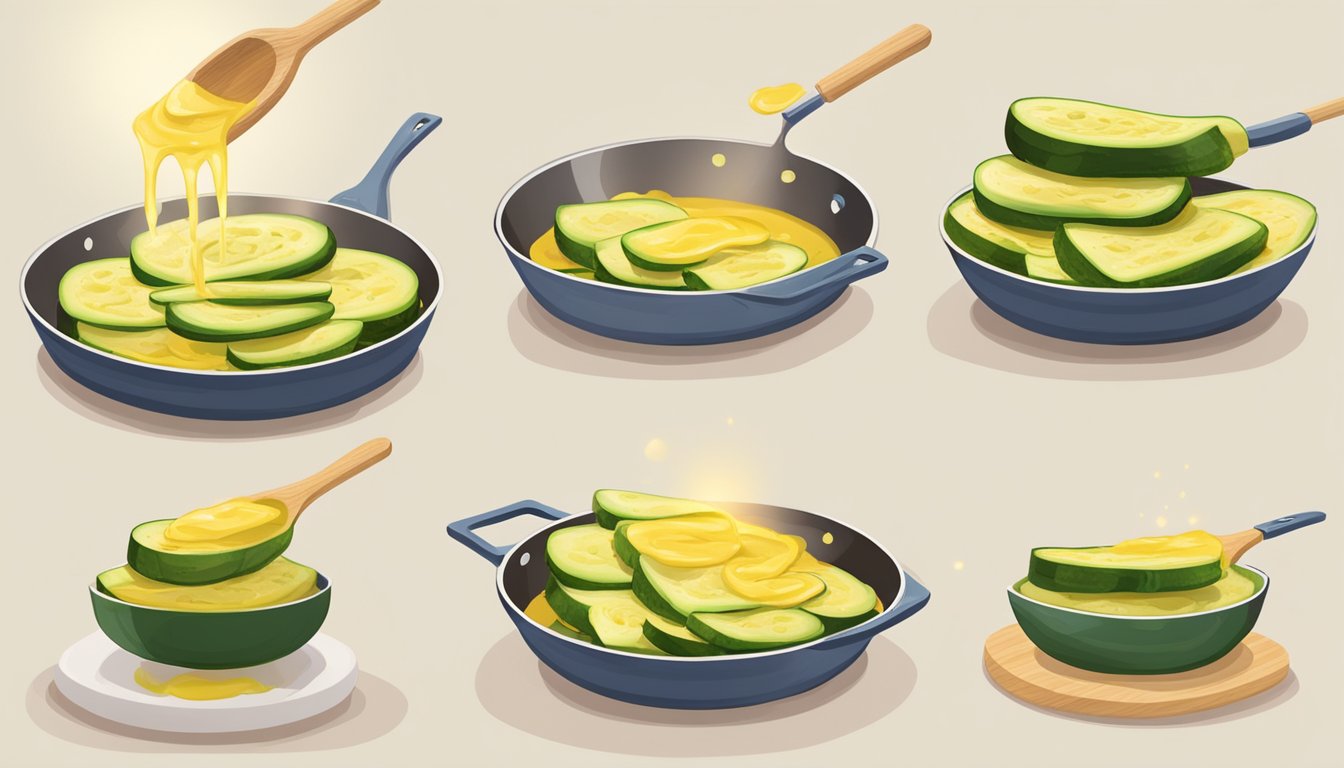 Zucchini slices being dipped in batter, then sizzling in hot oil