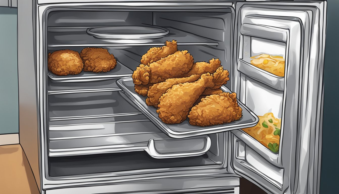 A plate of Texas-style fried chicken with gravy, wrapped in foil, sits in a refrigerator. An oven with the door open is ready for reheating