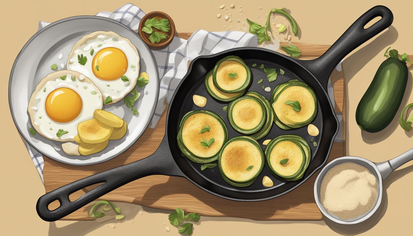 A cast iron skillet sizzling with golden-brown zucchini slices surrounded by a bowl of seasoned flour, a plate of beaten eggs, and a bottle of vegetable oil