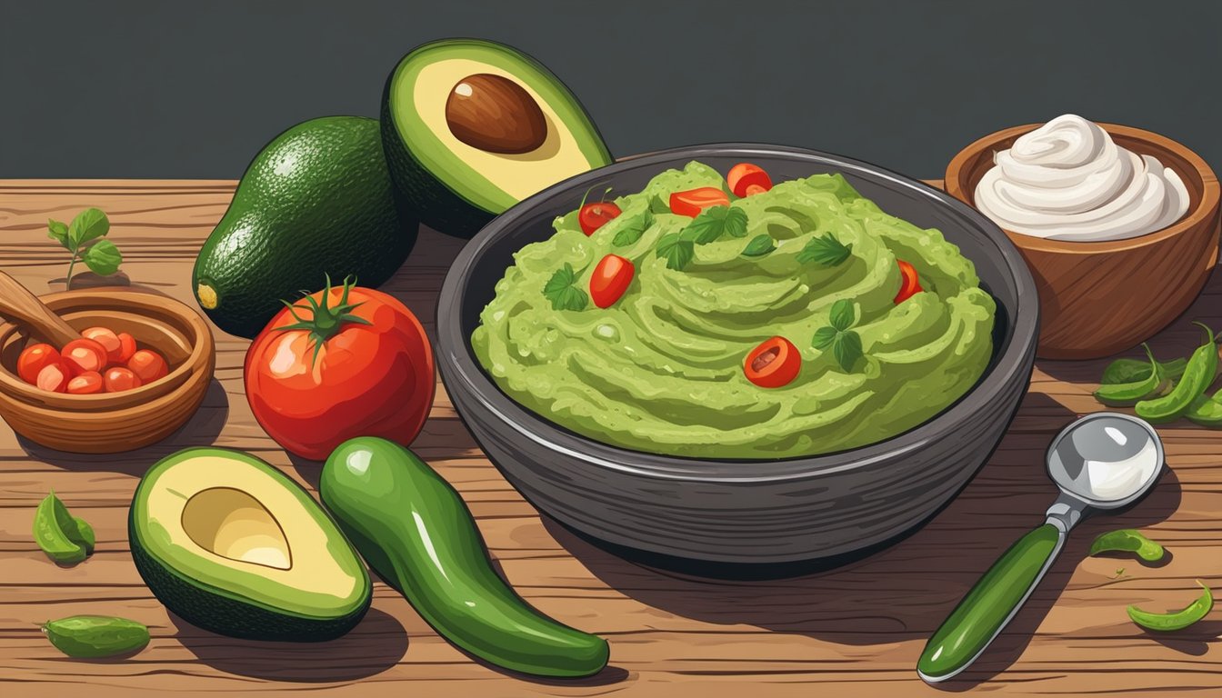 A rustic wooden table with fresh avocados, tomatoes, onions, and jalapenos, surrounded by a mortar and pestle, a knife, and a bowl of creamy guacamole