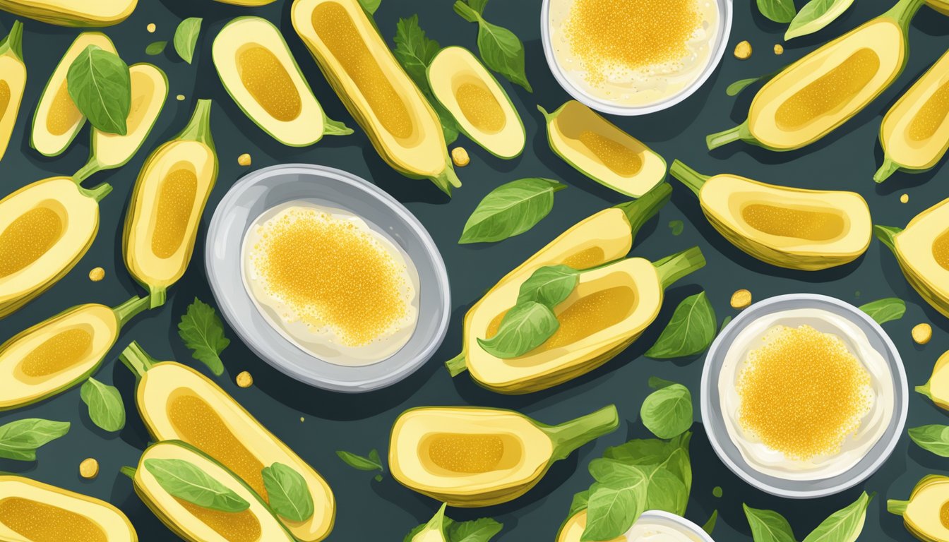 Golden zucchini slices sizzling in a bubbling fryer, surrounded by a sprinkle of seasoning and a side of creamy dipping sauce