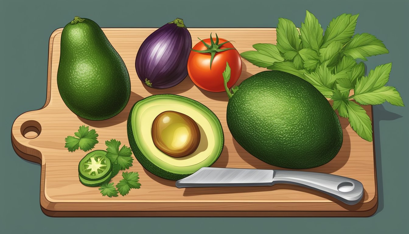 A wooden cutting board with ripe avocados, tomatoes, onions, cilantro, and jalapeños, alongside a mortar and pestle for making guacamole