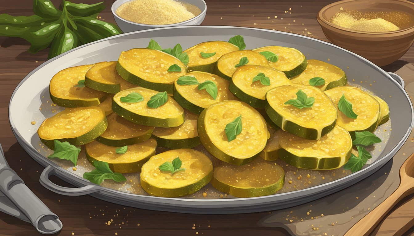 Golden zucchini slices sizzle in bubbling oil, surrounded by a flurry of flour and spices, ready to be served as a Texas-style deep-fried delicacy