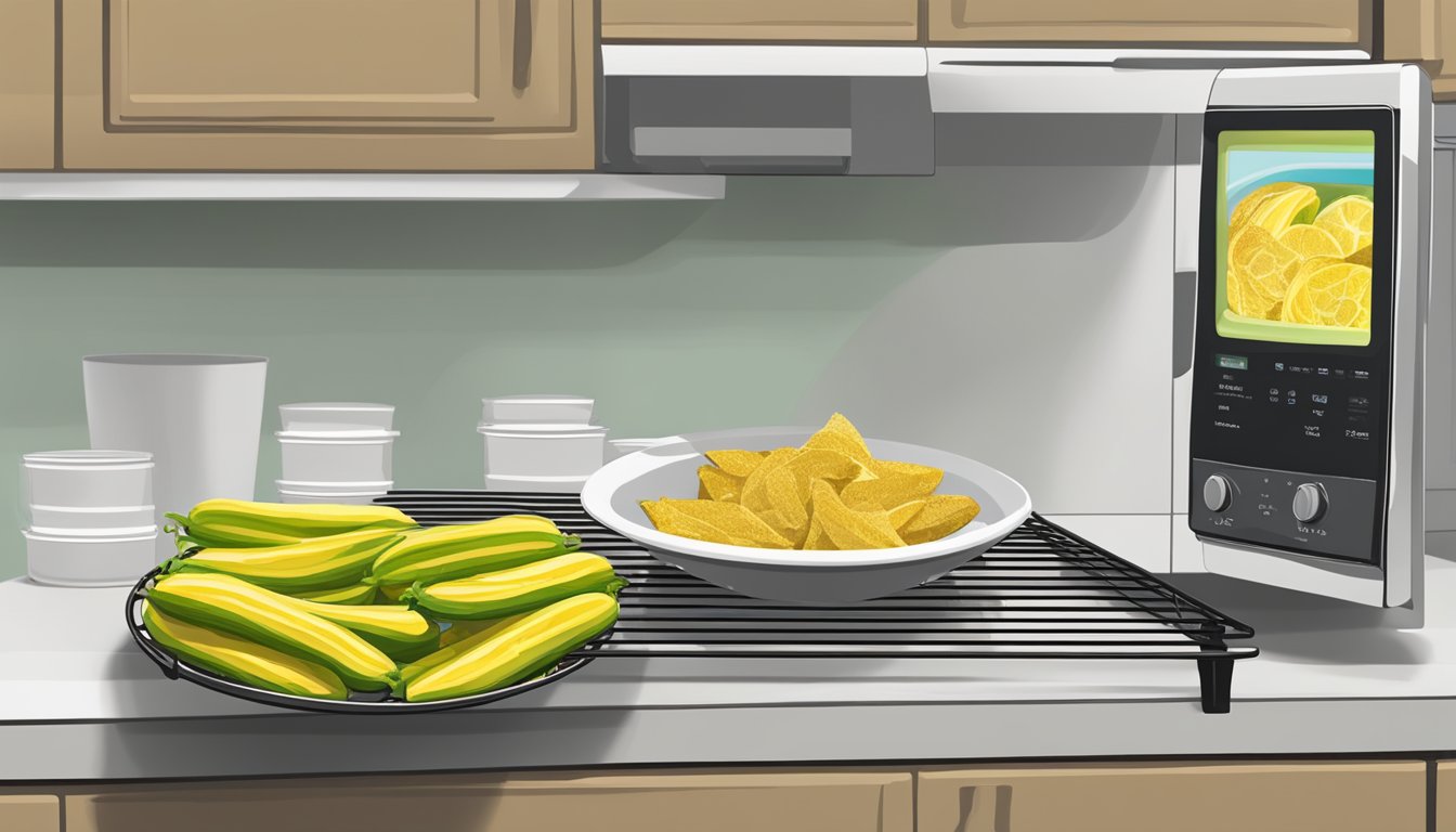 Golden zucchini slices in a metal wire rack, next to a bowl of dipping sauce, with a microwave in the background