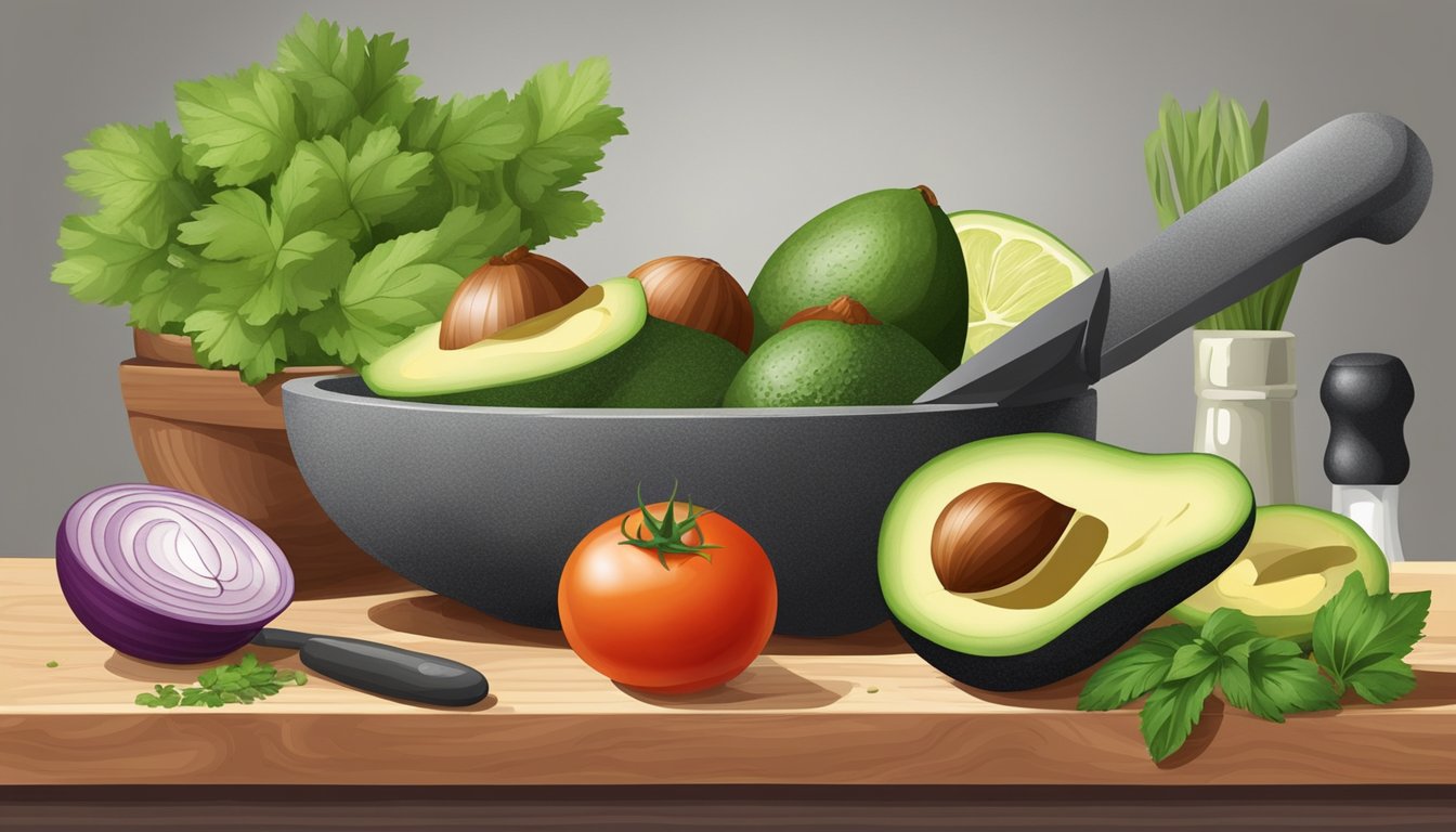 A wooden cutting board with ripe avocados, tomatoes, onions, and cilantro, surrounded by a mortar and pestle, a knife, and a bowl