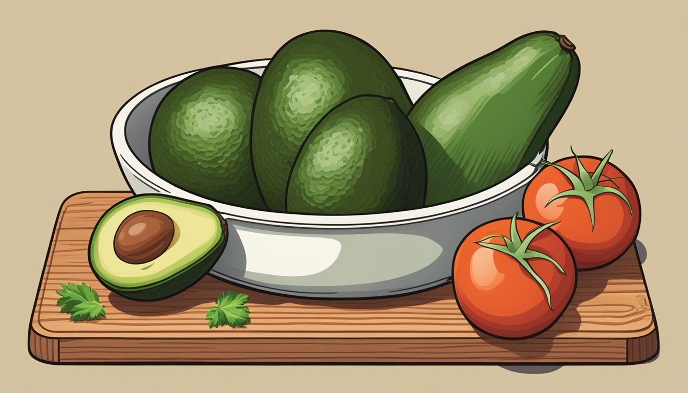 Fresh avocados, tomatoes, onions, cilantro, and jalapeños laid out on a wooden cutting board. A mortar and pestle sits nearby, ready for mashing