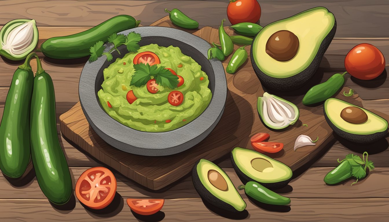 A rustic wooden table with a bowl of chunky guacamole, surrounded by ripe avocados, tomatoes, onions, and jalapenos. A mortar and pestle sits nearby