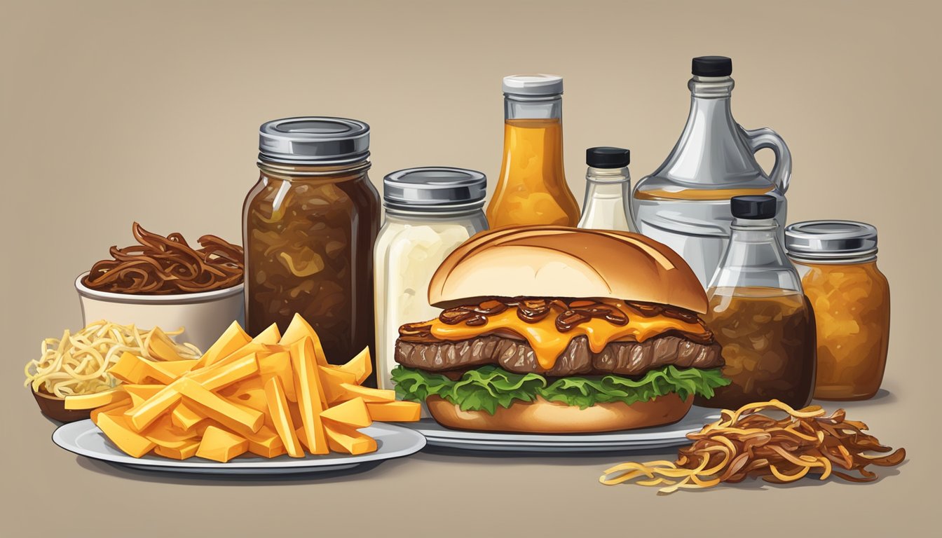 A sizzling Texas-style steak sandwich topped with caramelized onions and melted cheddar, surrounded by jars of savory sauces