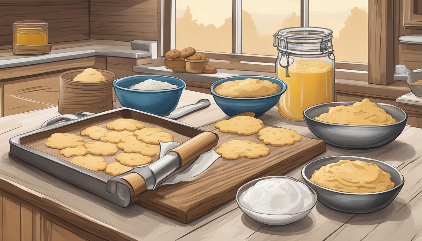 A rustic kitchen table with a mixing bowl and ingredients for Texas-style cookie dough. A rolling pin and cookie cutters are nearby