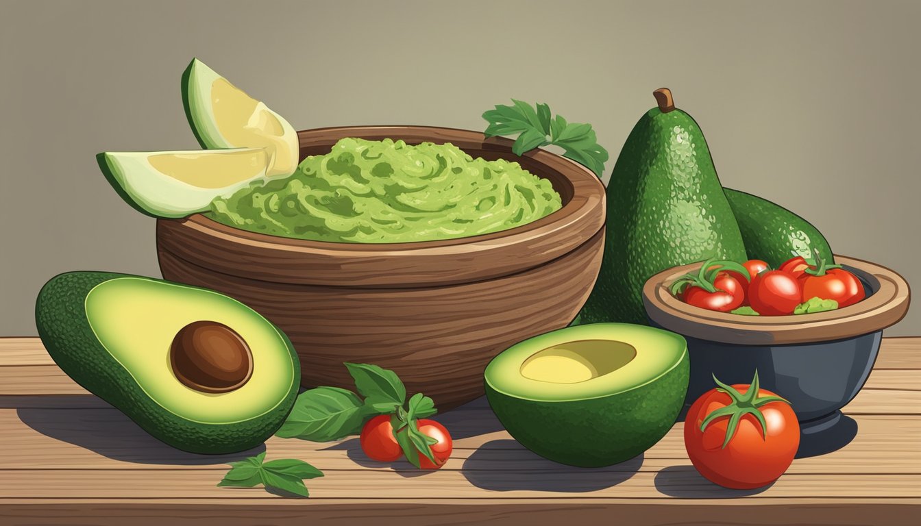 A rustic wooden table holds a stone mortar and pestle surrounded by ripe avocados, tomatoes, cilantro, and jalapeños. A bowl of freshly made guacamole sits in the center, garnished with a lime wedge