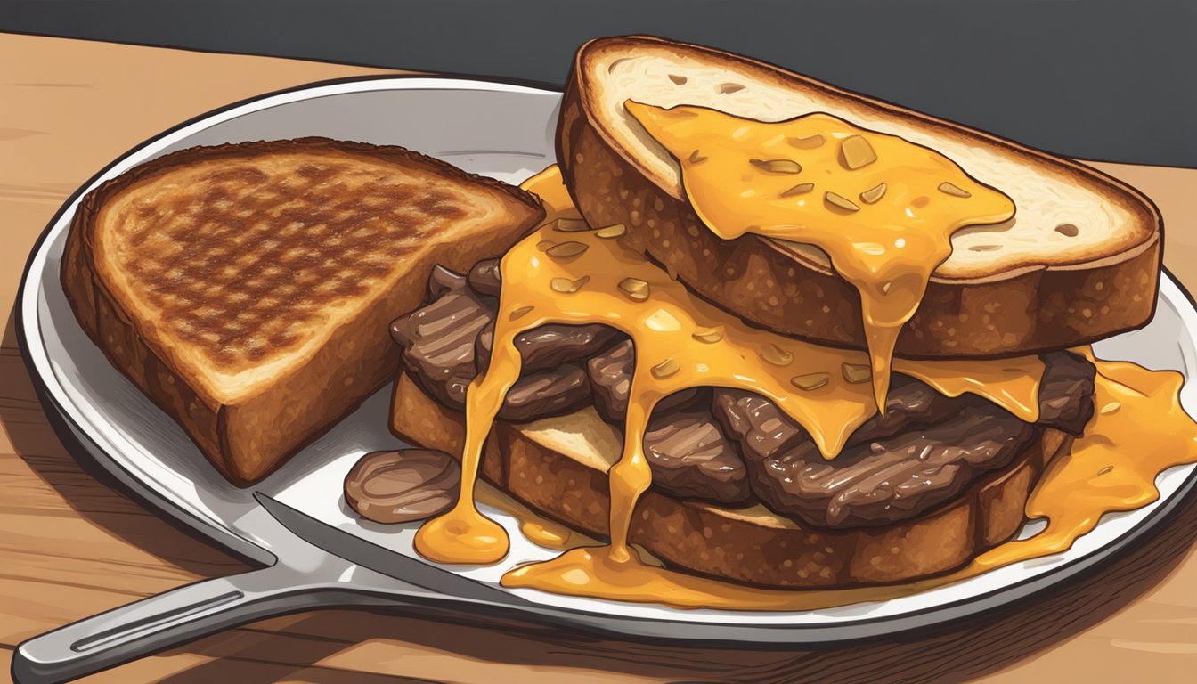 A sizzling steak topped with caramelized onions and melted cheddar, sandwiched between two slices of Texas toast