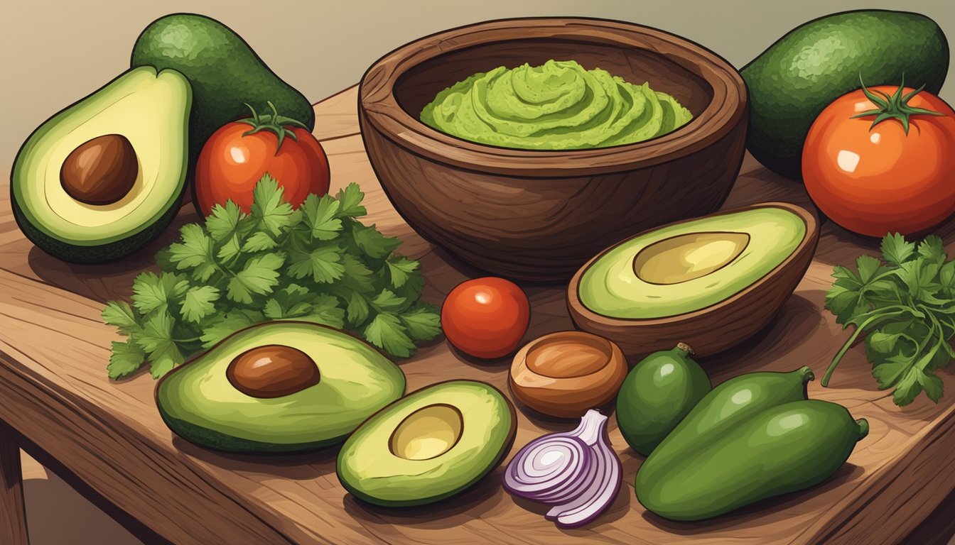 A rustic wooden bowl filled with freshly made guacamole sits on a table, surrounded by ripe avocados, tomatoes, onions, and cilantro