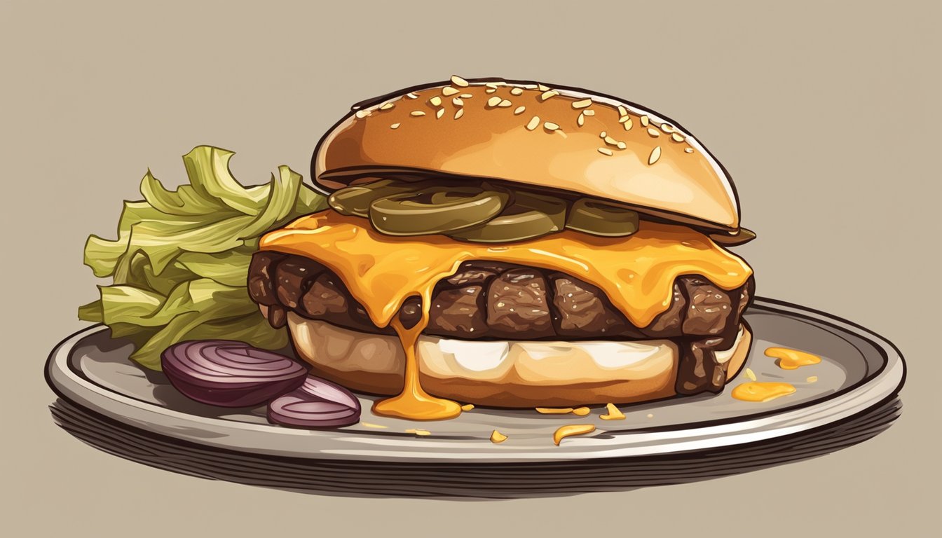 A sizzling steak grilling on a barbecue, surrounded by caramelized onions and topped with melted cheddar cheese, all on a toasted Texas-style sandwich bun