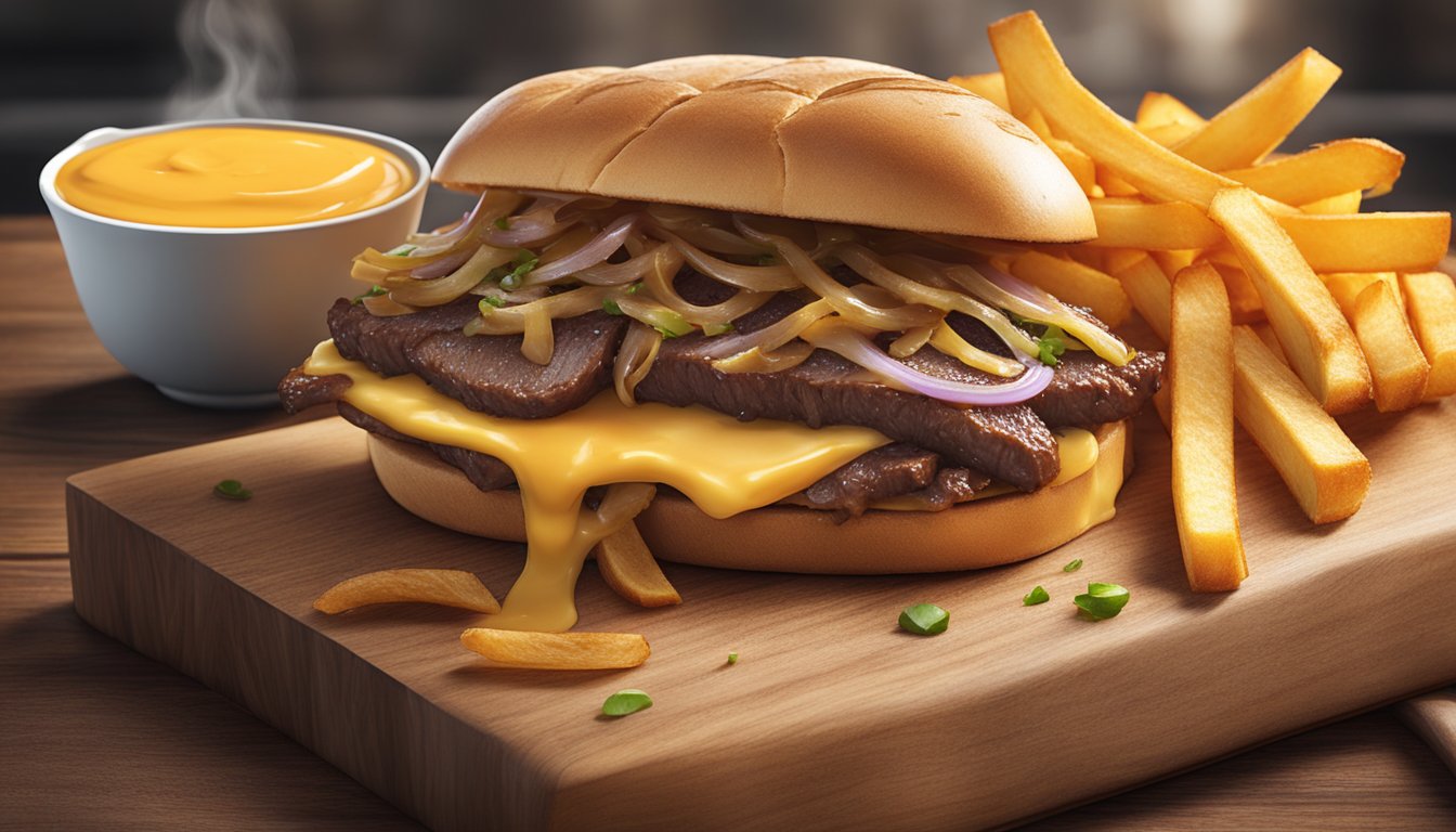 A sizzling steak sandwich with caramelized onions and melted cheddar, served on a rustic wooden cutting board with a side of crispy fries