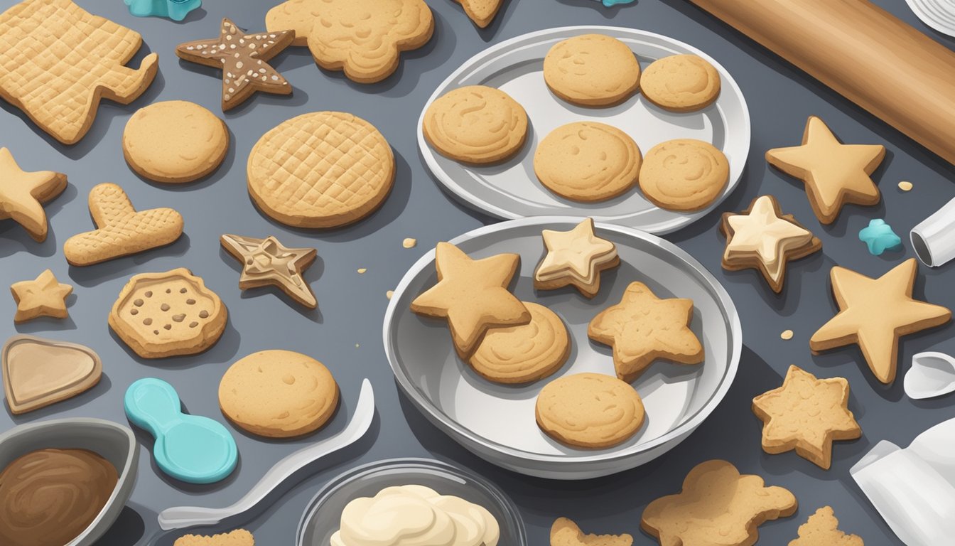 A rustic kitchen counter with a variety of Texas-shaped cookie cutters, a bowl of cookie dough, and a rolling pin