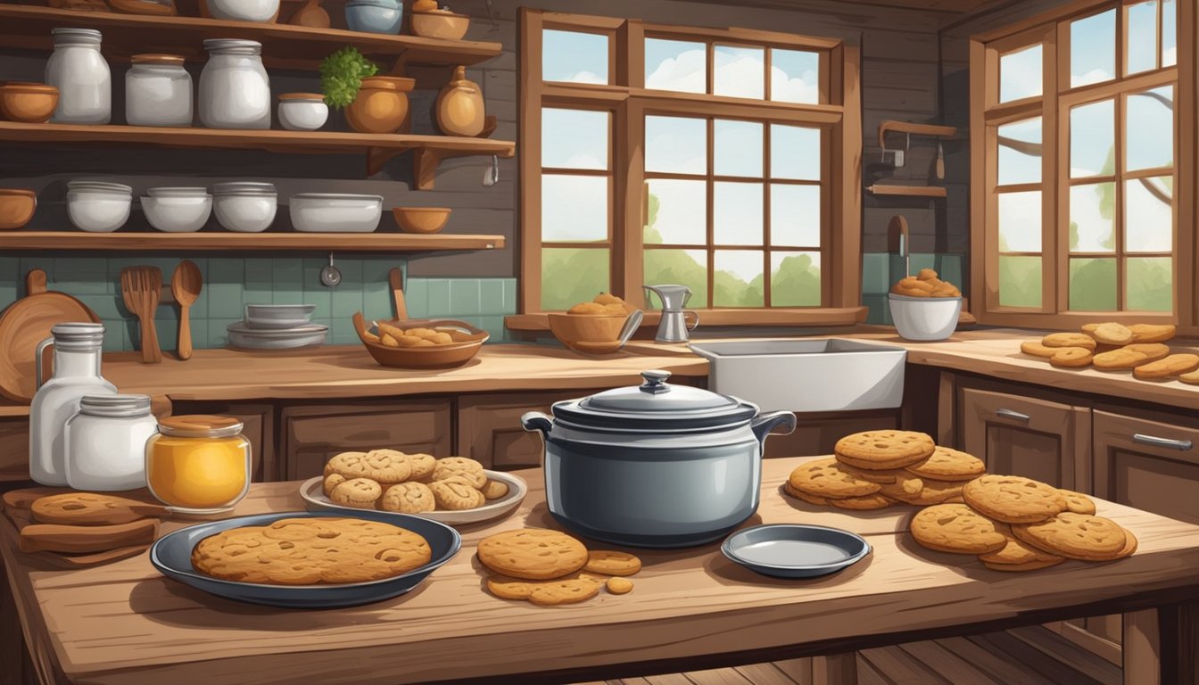 A rustic kitchen with a wooden table covered in various ingredients and utensils for making Texas style cookies