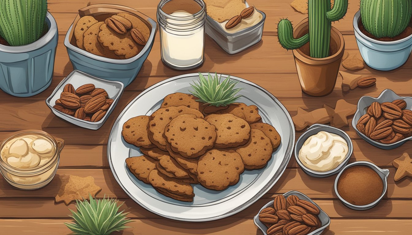 A rustic Texas-themed table spread with cowboy boot, star, and cactus-shaped cookie cutters, surrounded by ingredients like pecans, cinnamon, and chili powder