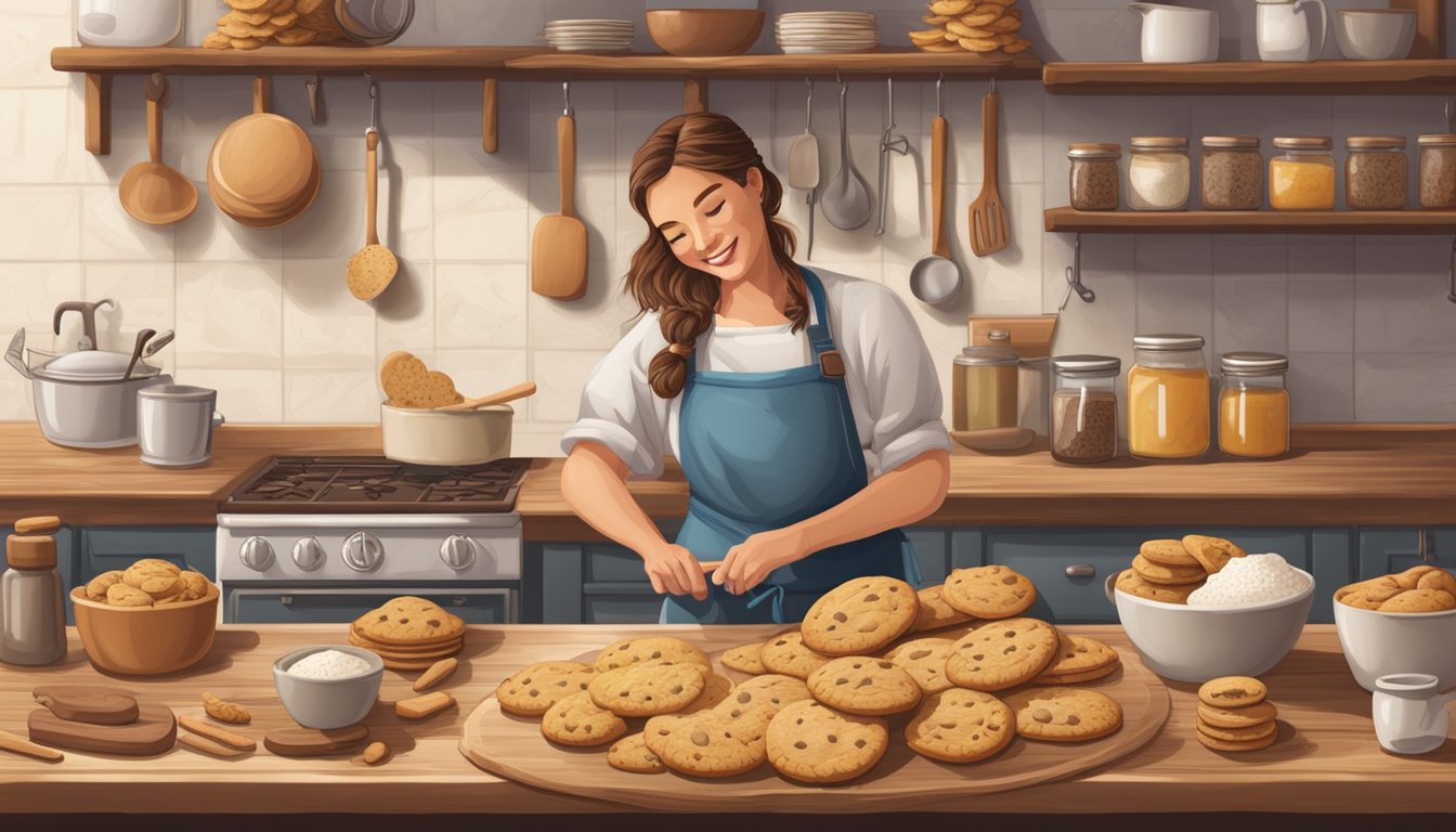 A rustic kitchen with a wooden table covered in various cookie ingredients and tools, a rolling pin, and a Texas-themed apron hanging on a hook