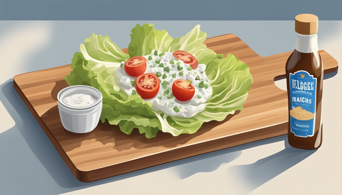 A wooden cutting board with ingredients for a Texas-style wedge salad: iceberg lettuce, bacon, tomatoes, blue cheese, and a bottle of ranch dressing