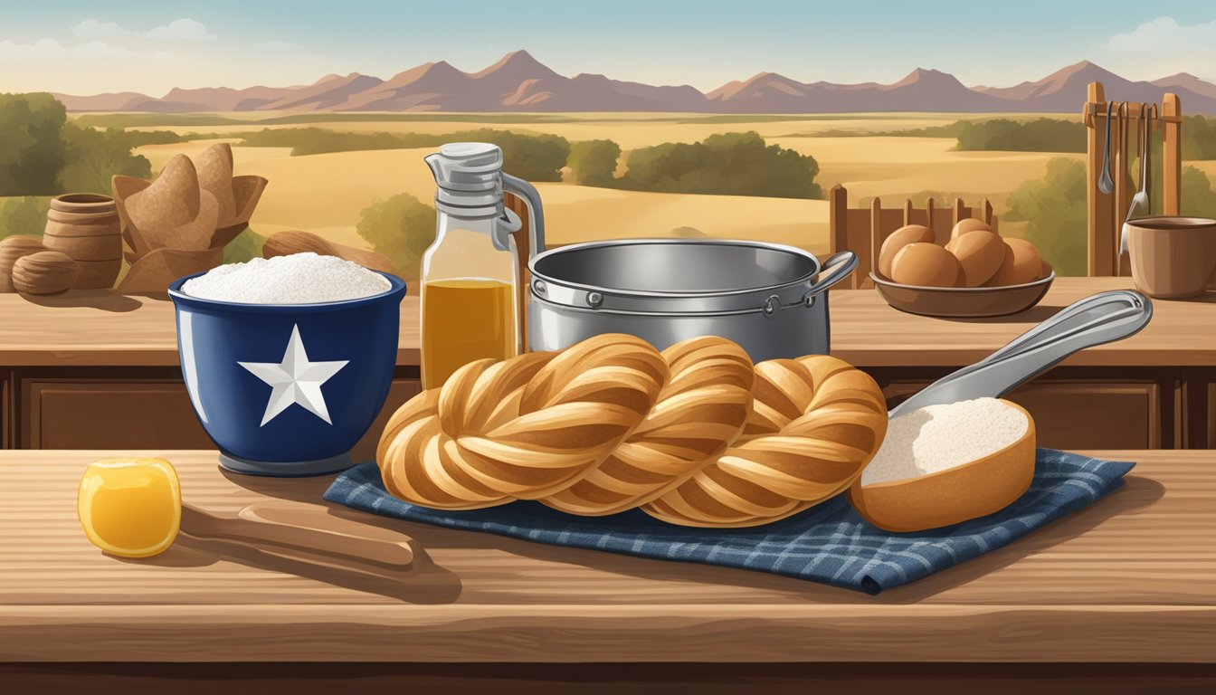 A rustic kitchen counter with ingredients and utensils for braiding challah bread, set against a Texas backdrop with cowboy boots and a lone star