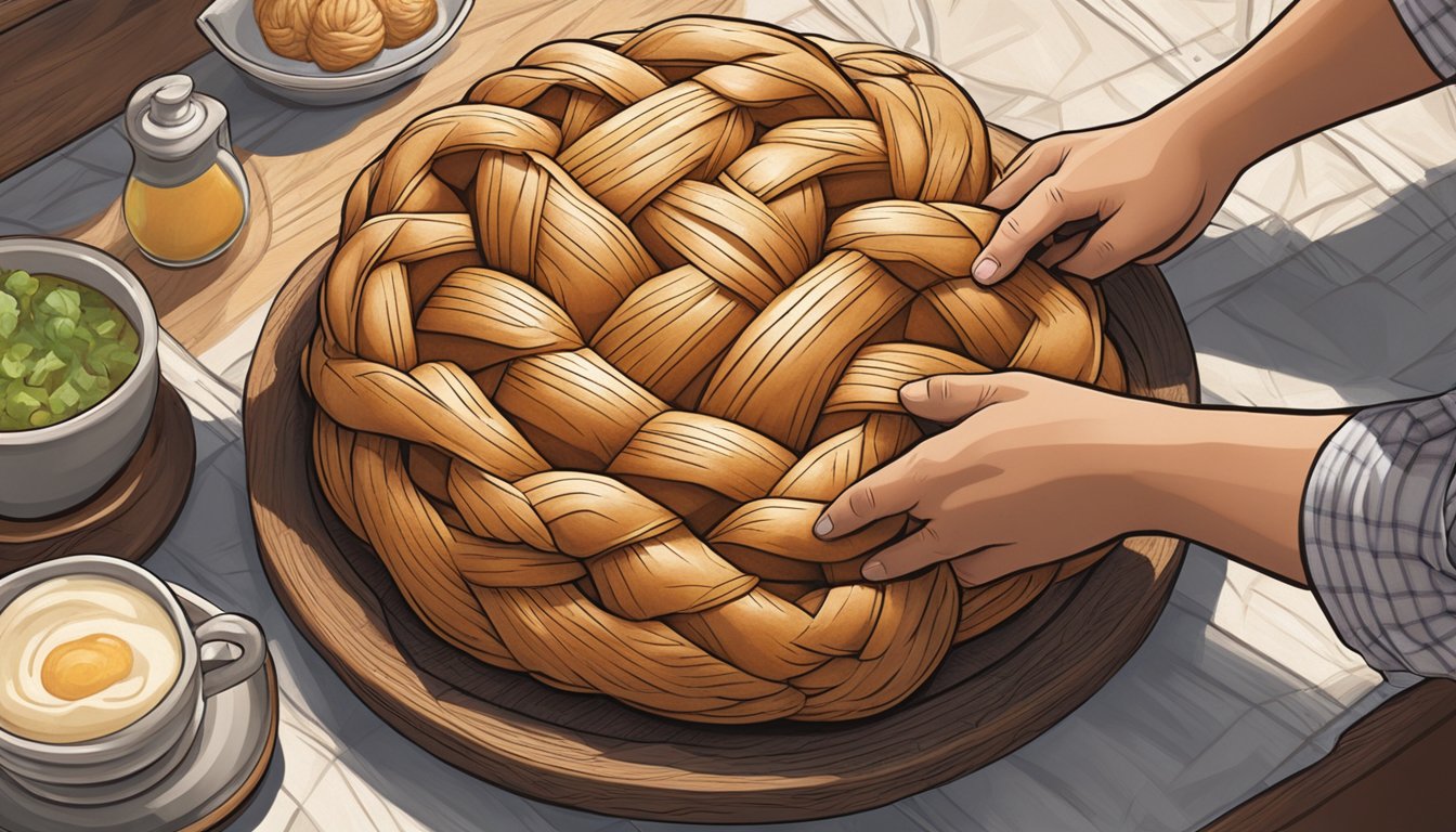 A pair of hands braiding a large, intricately woven challah bread, with a Texas-style twist