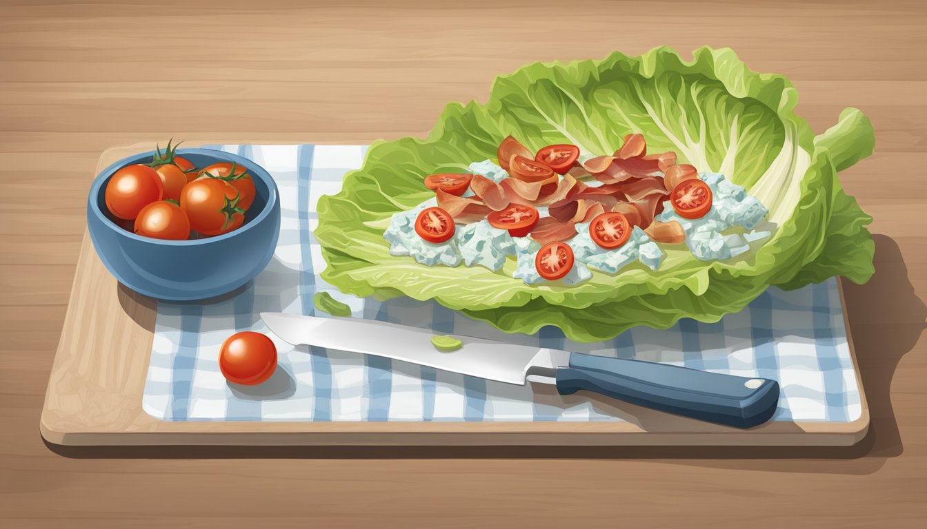 A wooden cutting board with a head of iceberg lettuce, bacon bits, cherry tomatoes, blue cheese dressing, and a knife