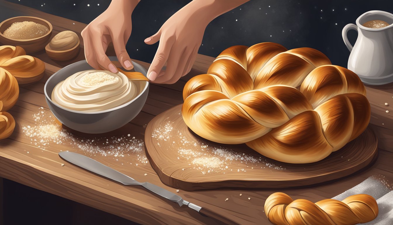 A pair of hands expertly braiding a golden, glossy challah bread, surrounded by flour and a rustic wooden table