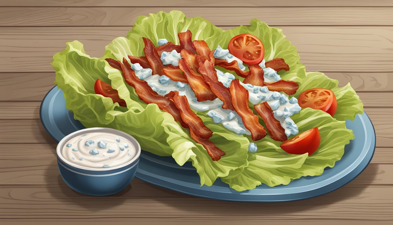 A rustic wooden table set with a crisp iceberg lettuce wedge, topped with crispy bacon, juicy tomatoes, and tangy blue cheese dressing