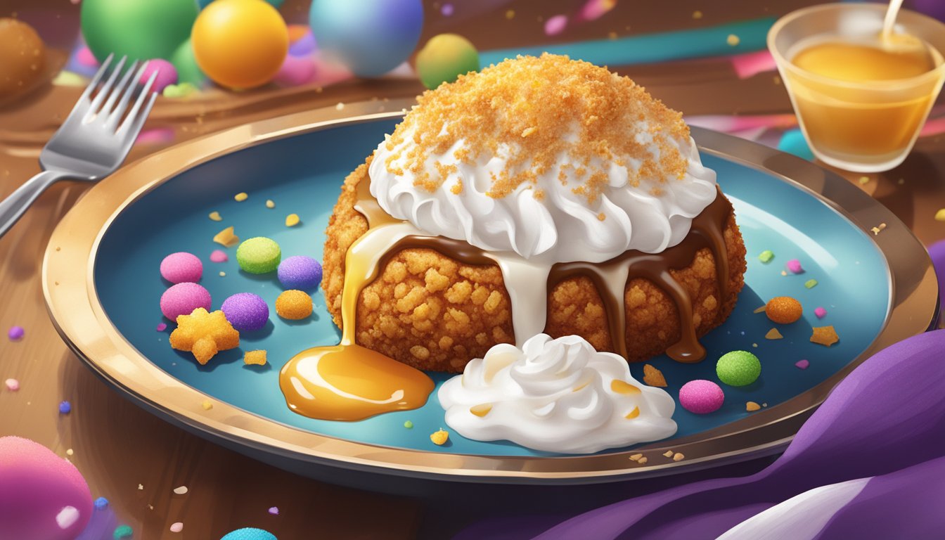 A sizzling skillet with a golden-fried ice cream ball, topped with cinnamon and honey, surrounded by a dollop of whipped cream and a sprinkle of colorful sprinkles