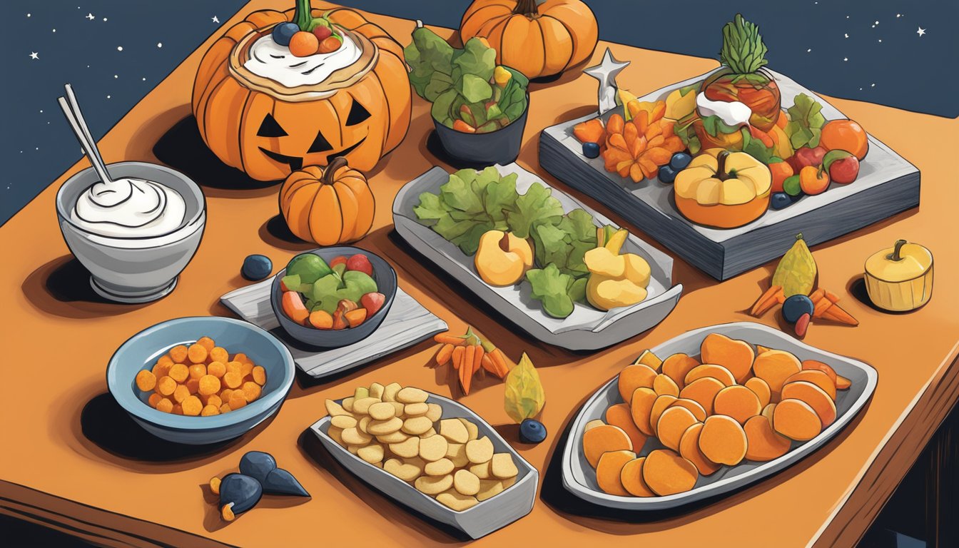 A table spread with colorful, Texas-themed healthy Halloween treats, including pumpkin-shaped fruit skewers, ghost-shaped yogurt bites, and cowboy boot-shaped veggie chips