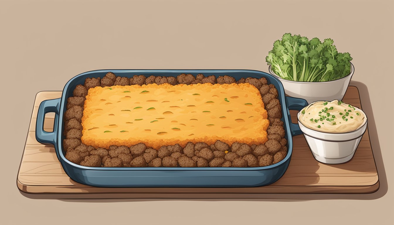 A rustic oven dish filled with layers of seasoned ground meat, mixed vegetables, and creamy sweet potato mash, topped with a golden-brown crust