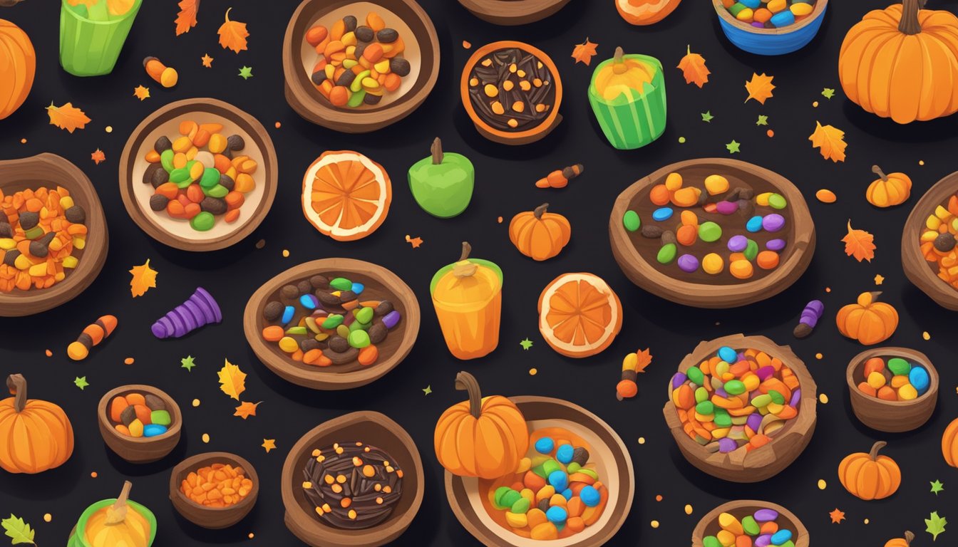 A rustic wooden table adorned with colorful bowls of healthy Halloween candy alternatives, surrounded by festive decorations and glowing jack-o-lanterns