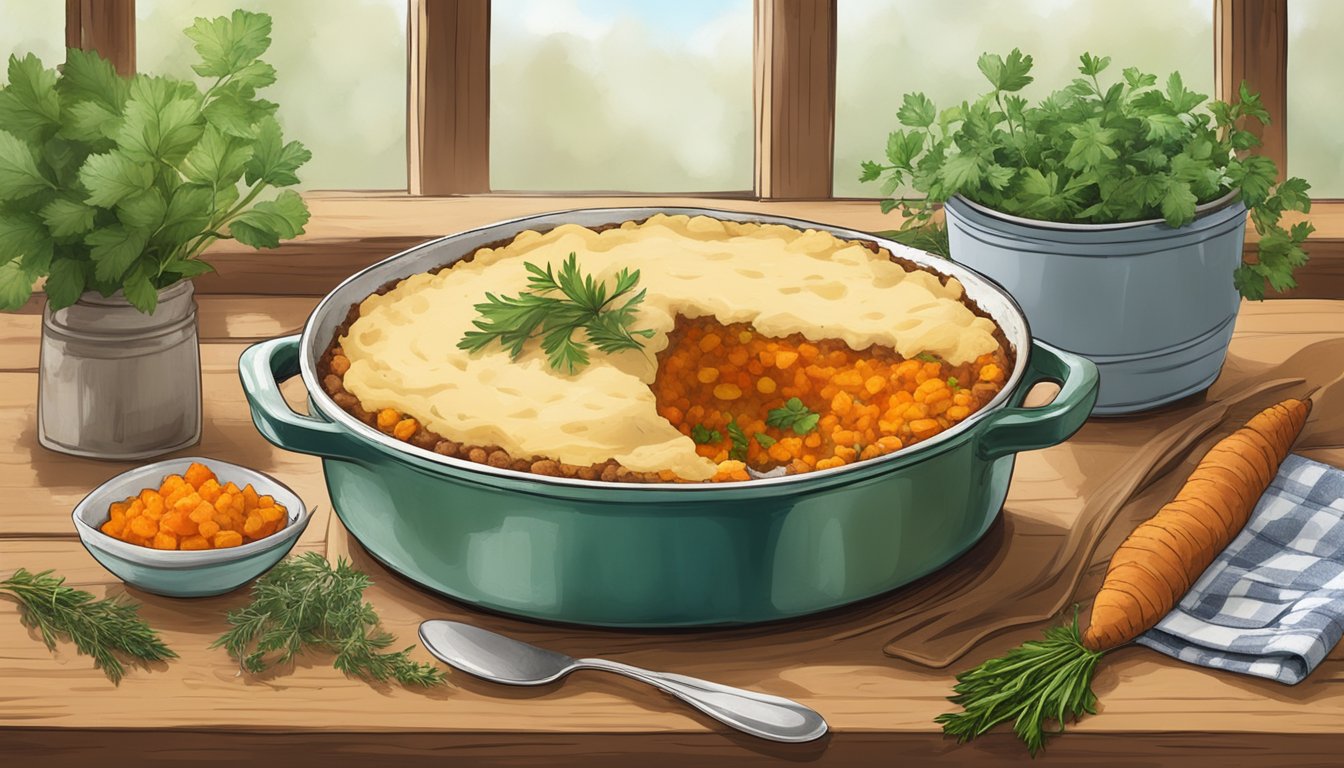 A rustic kitchen table with a steaming dish of sweet potato shepherd's pie, surrounded by fresh herbs and spices