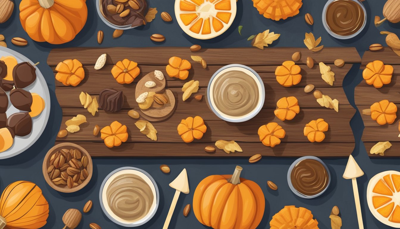 A rustic wooden table adorned with a variety of colorful, healthy Halloween treats such as fruit skewers, pumpkin seeds, and nut butter cups