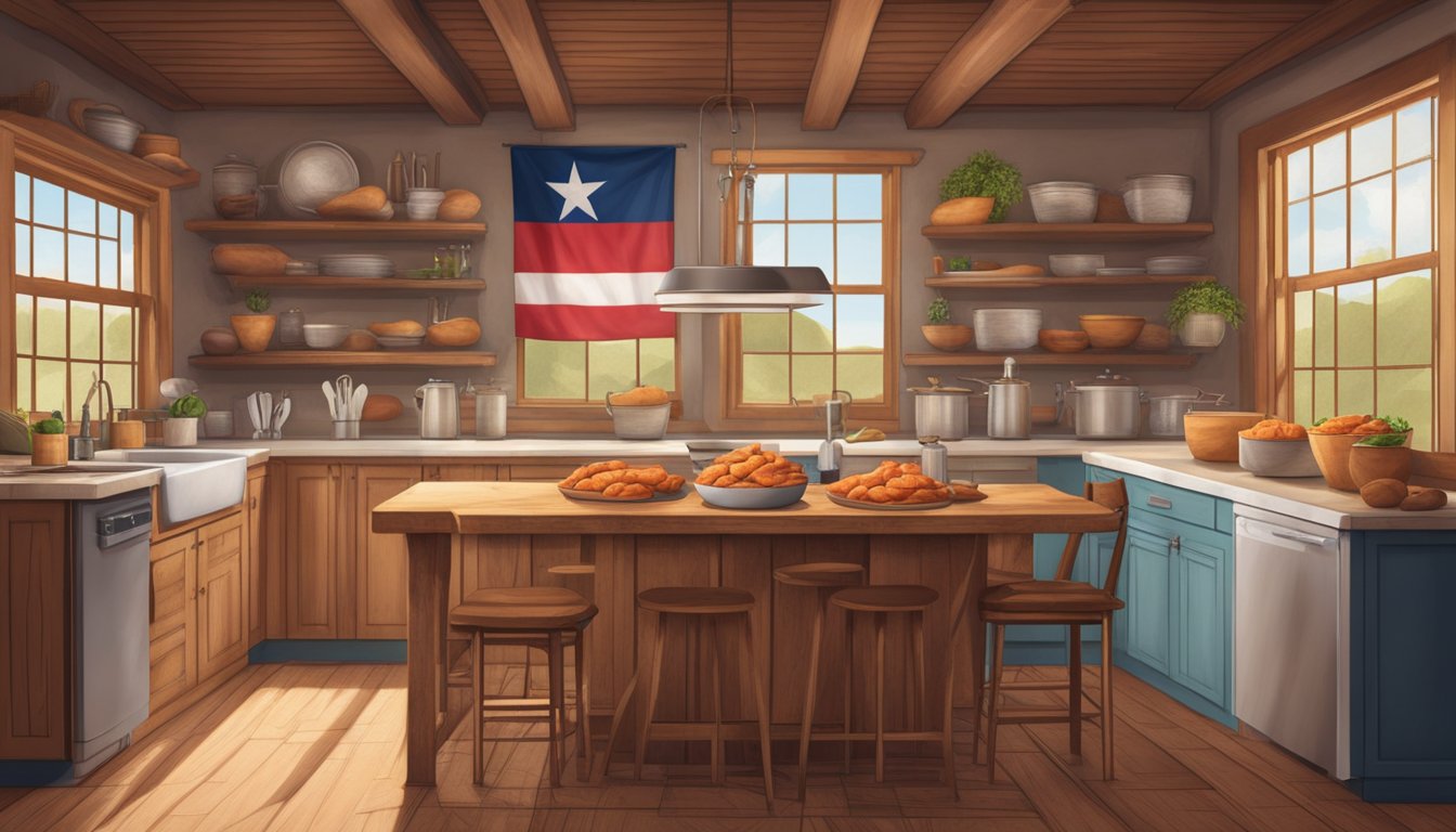 A rustic kitchen with a wooden table covered in fresh sweet potatoes, ground beef, onions, and spices. A Texas flag hangs on the wall