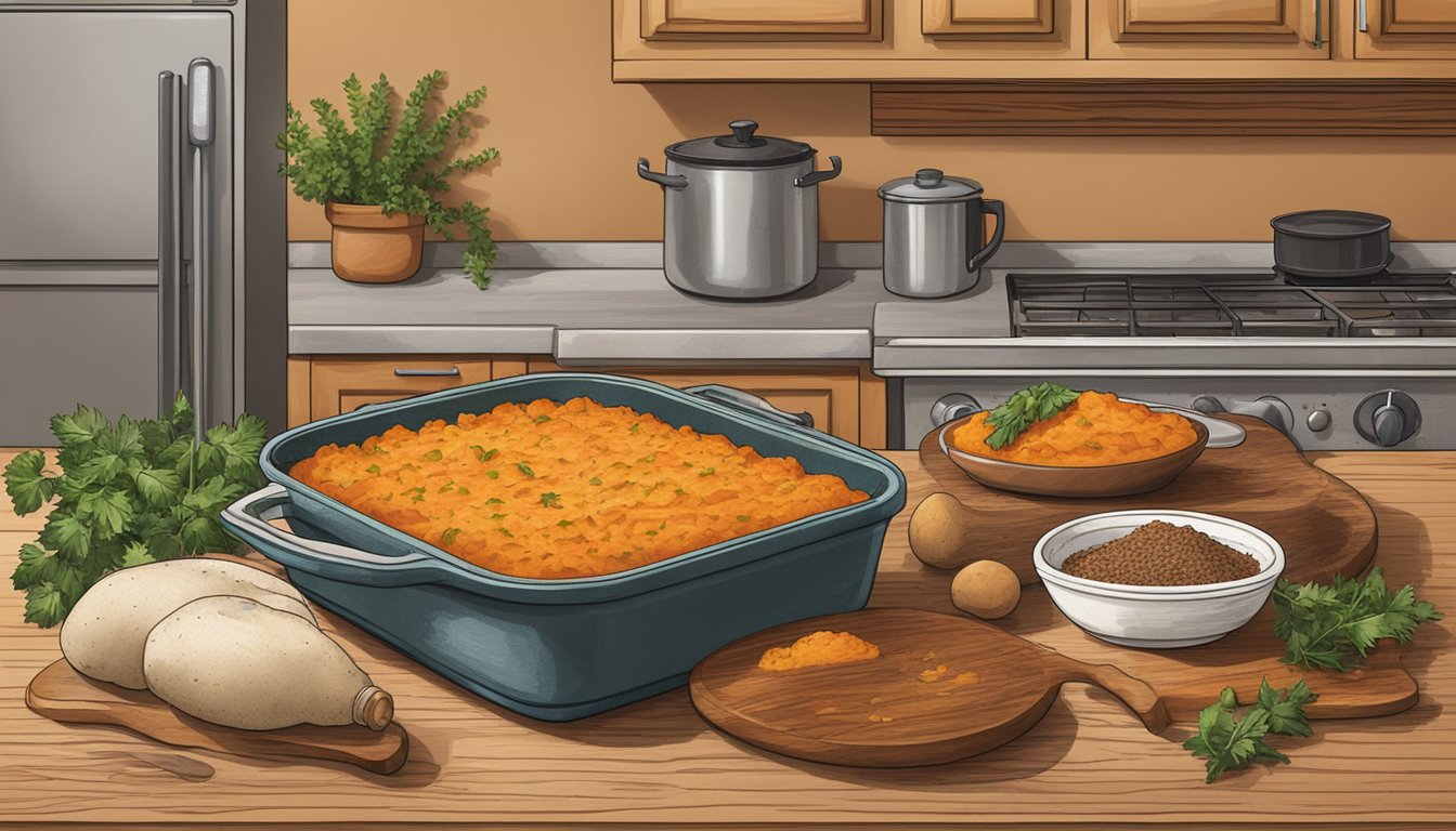 A rustic kitchen counter with ingredients for Texas-style sweet potato shepherd's pie, including sweet potatoes, ground meat, and seasonings