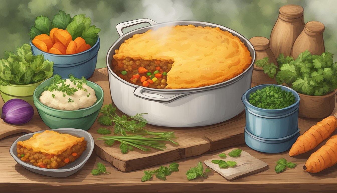 A rustic wooden table with a steaming hot sweet potato shepherd's pie surrounded by fresh herbs and colorful vegetables