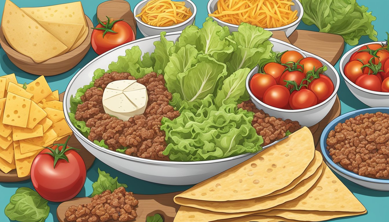 A colorful array of fresh ingredients, including lettuce, tomatoes, ground beef, cheese, and tortilla strips, arranged in a large bowl