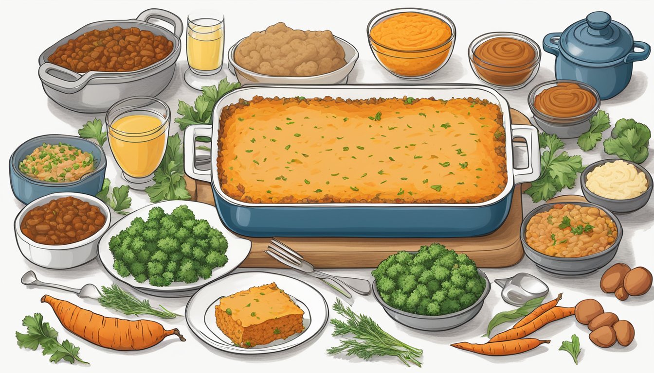 A table set with a steaming Texas-style sweet potato shepherd's pie, surrounded by various dietary considerations and allergy-friendly ingredients