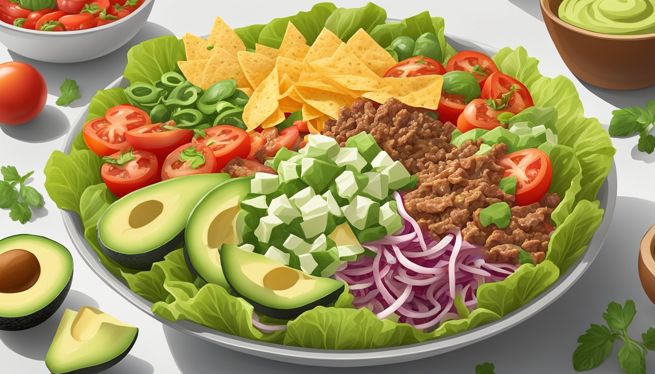 A colorful array of fresh lettuce, juicy tomatoes, creamy avocado, spicy jalapenos, seasoned ground beef, crunchy tortilla strips, and zesty salsa, all arranged in a large salad bowl