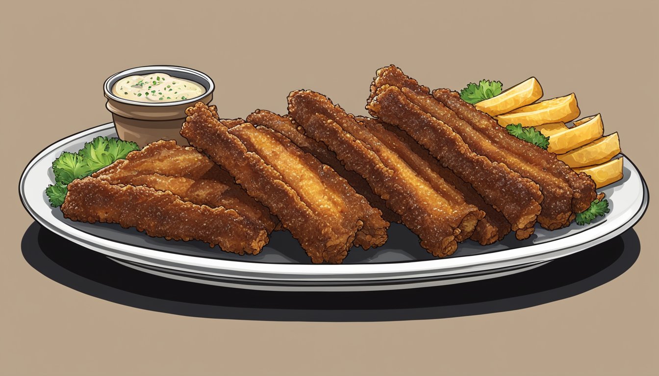 A platter of golden-brown, crispy fried ribs glistening with savory Texas-style seasoning