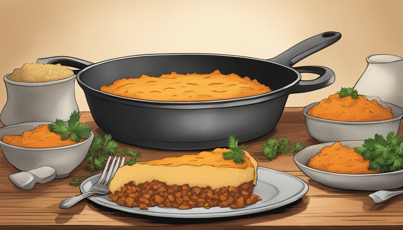 A rustic wooden table adorned with a steaming skillet of Texas-style sweet potato shepherd's pie, topped with golden-brown mashed sweet potatoes and garnished with fresh herbs