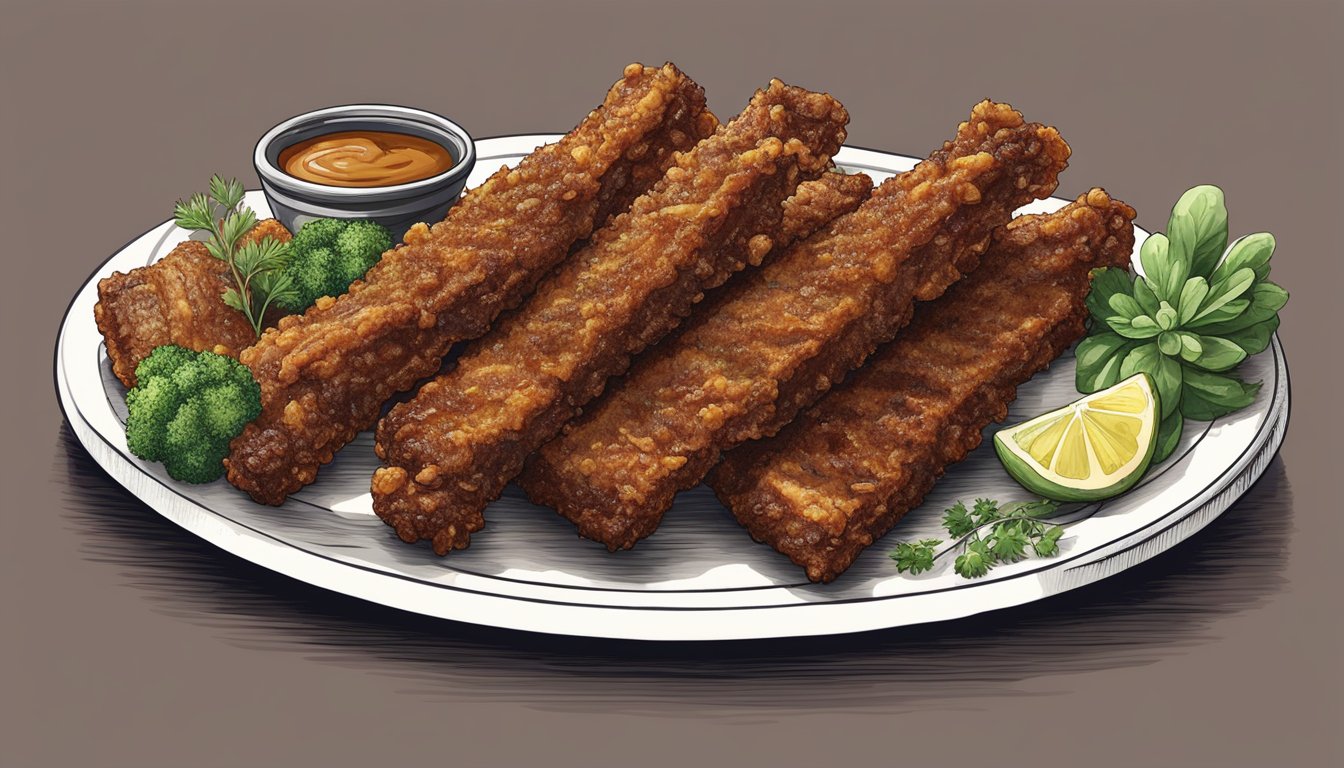 A platter of crispy fried ribs with a Texas-style cut, garnished with herbs and spices, ready to be served for a succulent delight