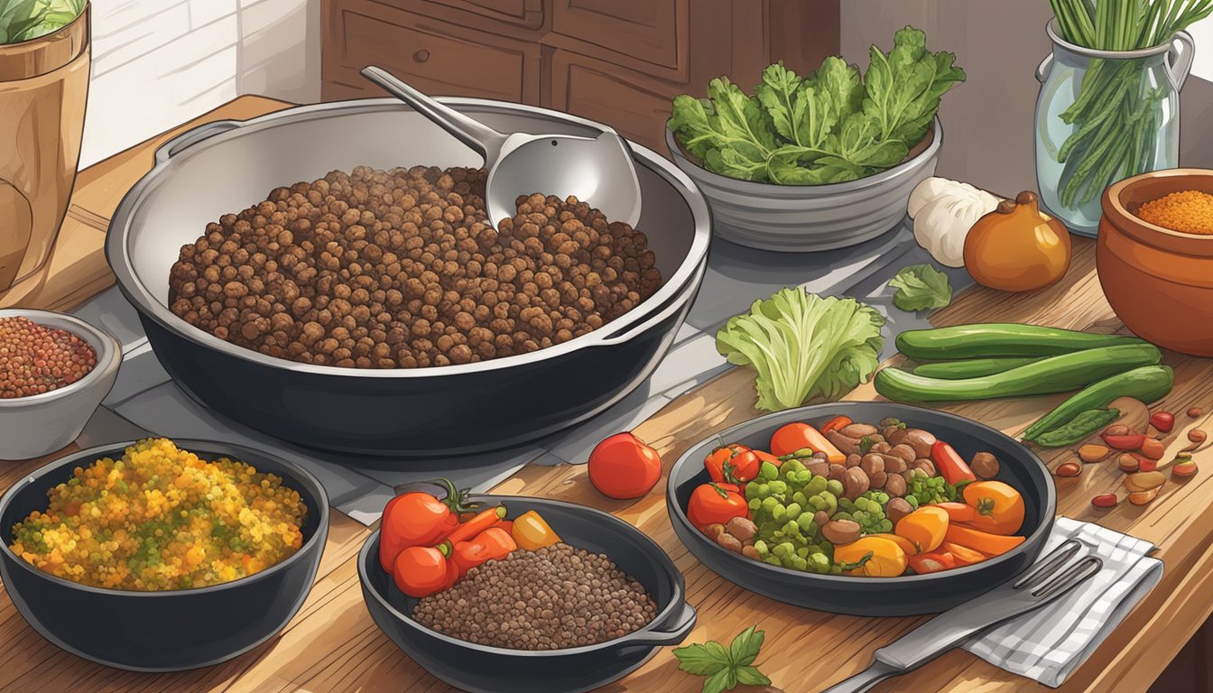 A rustic kitchen counter with assorted spices, a wooden bowl of fresh vegetables, and a sizzling skillet of seasoned ground beef