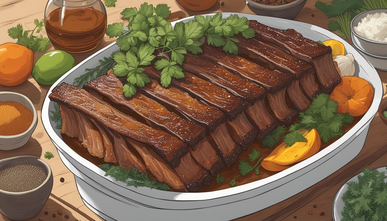 A rack of ribs soaking in a bowl of Texas-style marinade, surrounded by fresh herbs and spices