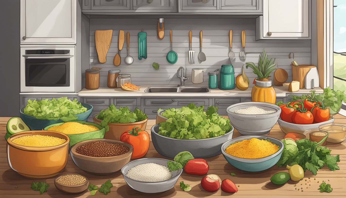 A rustic kitchen counter with fresh ingredients and spices spread out for making Texas style taco salad from scratch